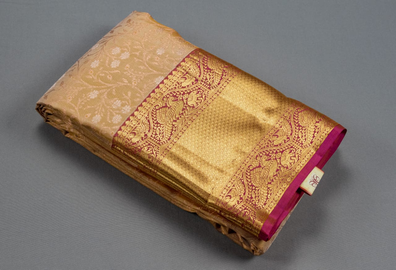 Pure Kanchipuram Peach With Rani Pink Colour Silk Saree
