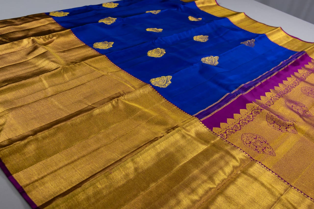 Pure Kanchipuram Pepsi Blue With Meganta Color Silk Saree