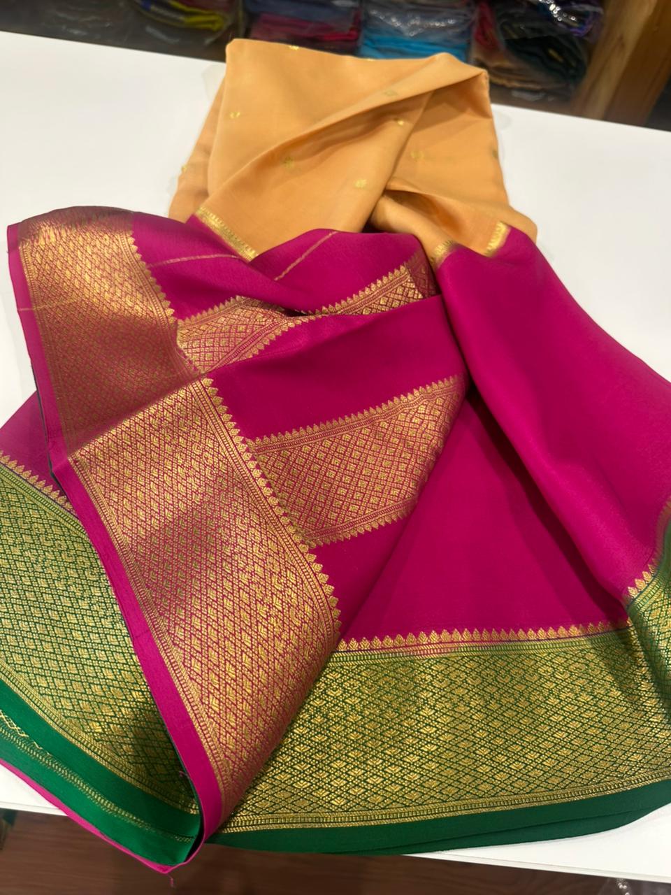 Pure mysore crepe silk zari butta woven saree