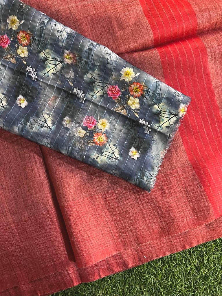 Purely handwoven baswada staple plain cotton silk saree
