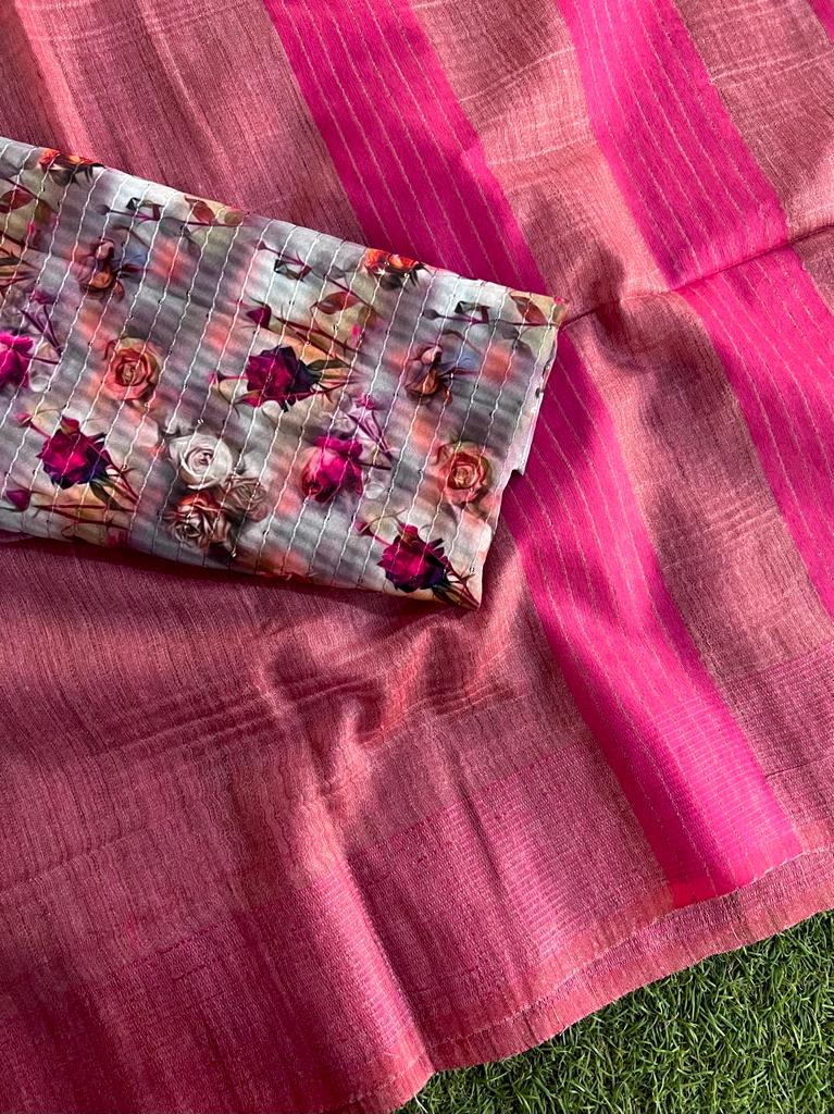 Purely handwoven baswada staple plain cotton silk saree