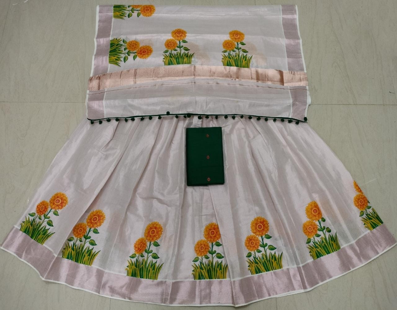 Rose gold tissue dhavani set with sun flower print