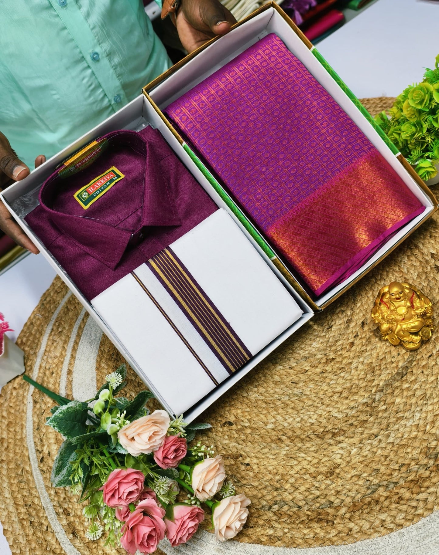 Semi Silk Saree & Cotton Dhoti Shirt - Couple Combo Set