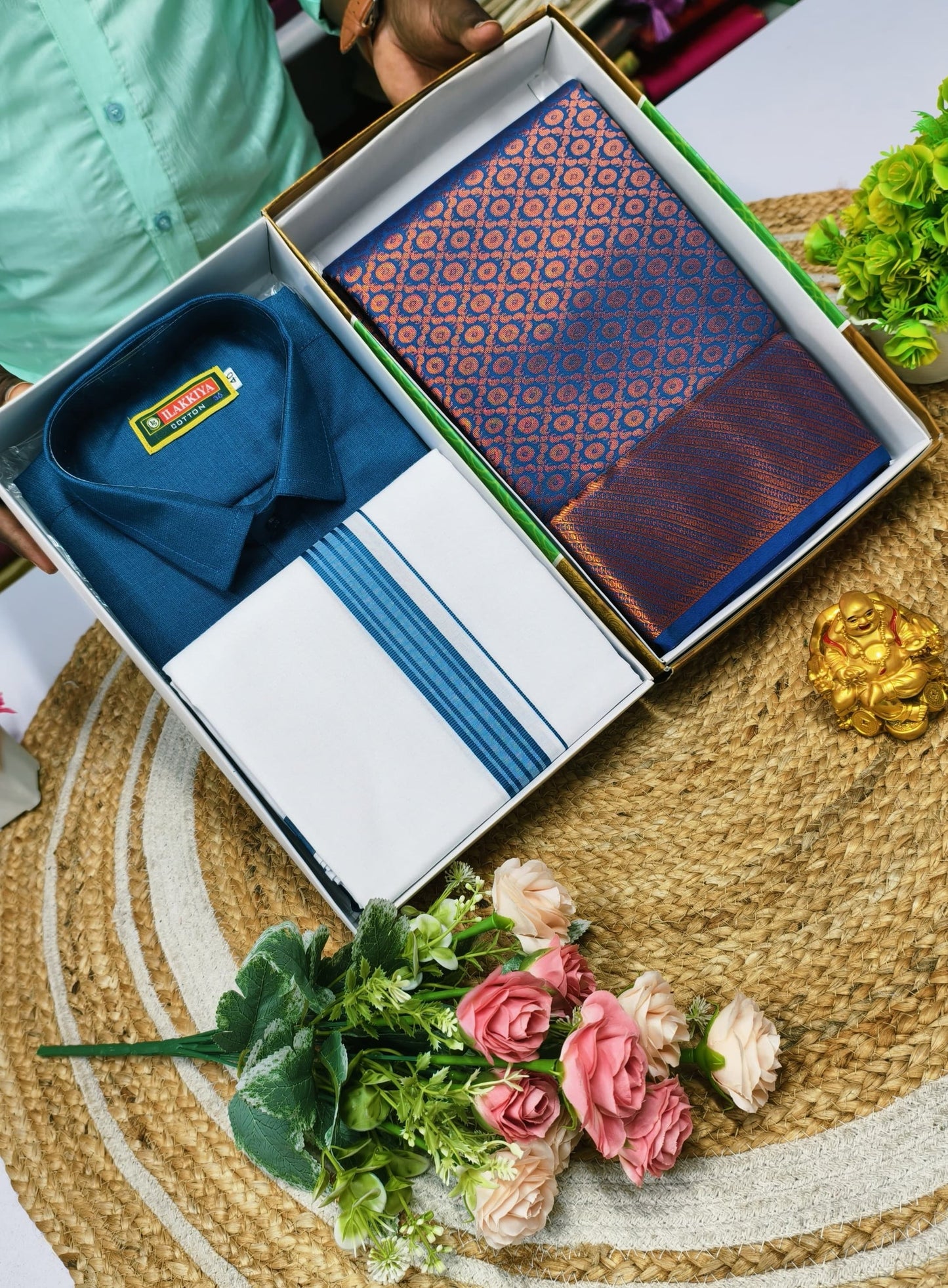 Semi Silk Saree & Cotton Dhoti Shirt - Couple Combo Set