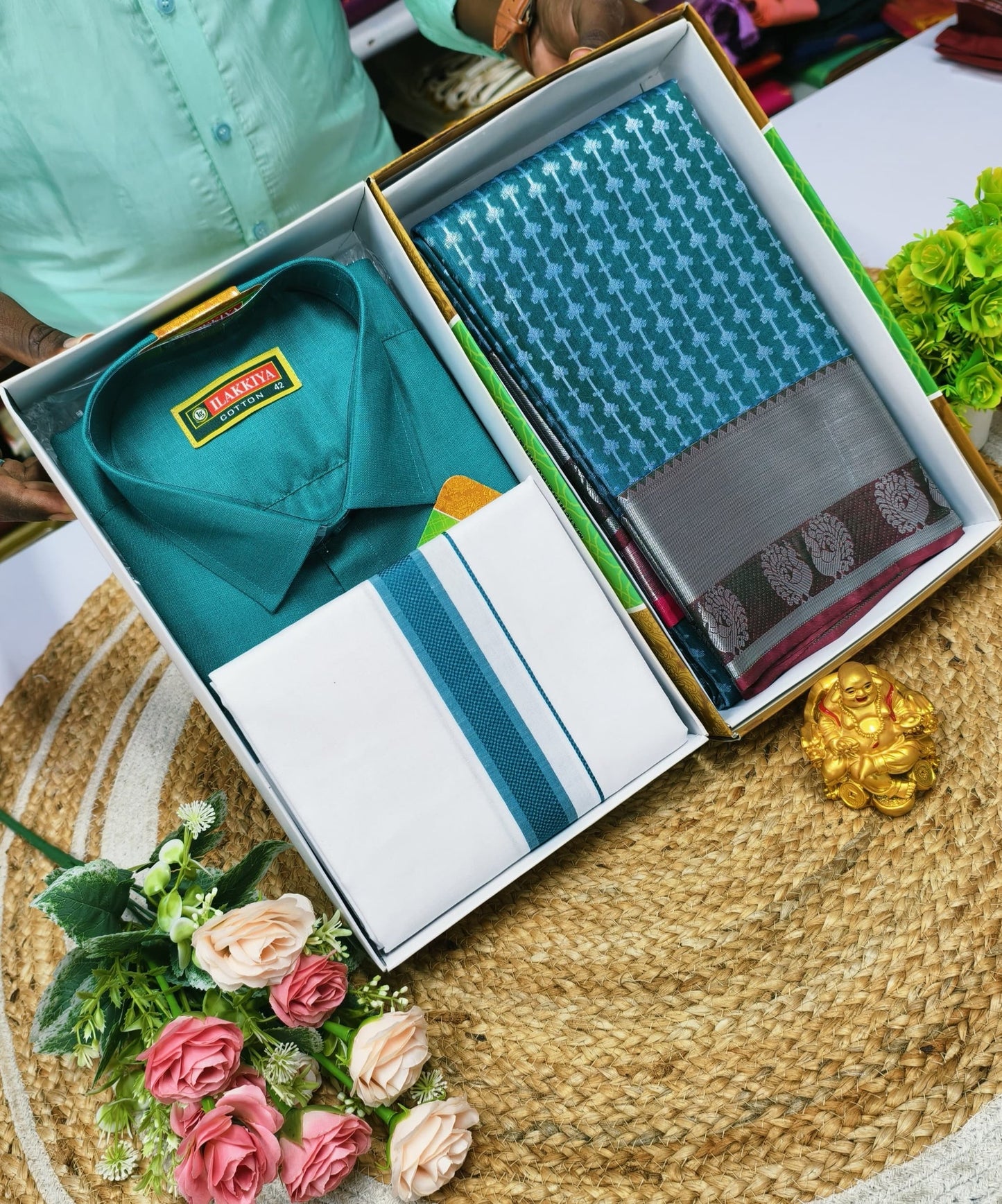 Semi Silk Saree & Cotton Dhoti Shirt - Couple Combo Set