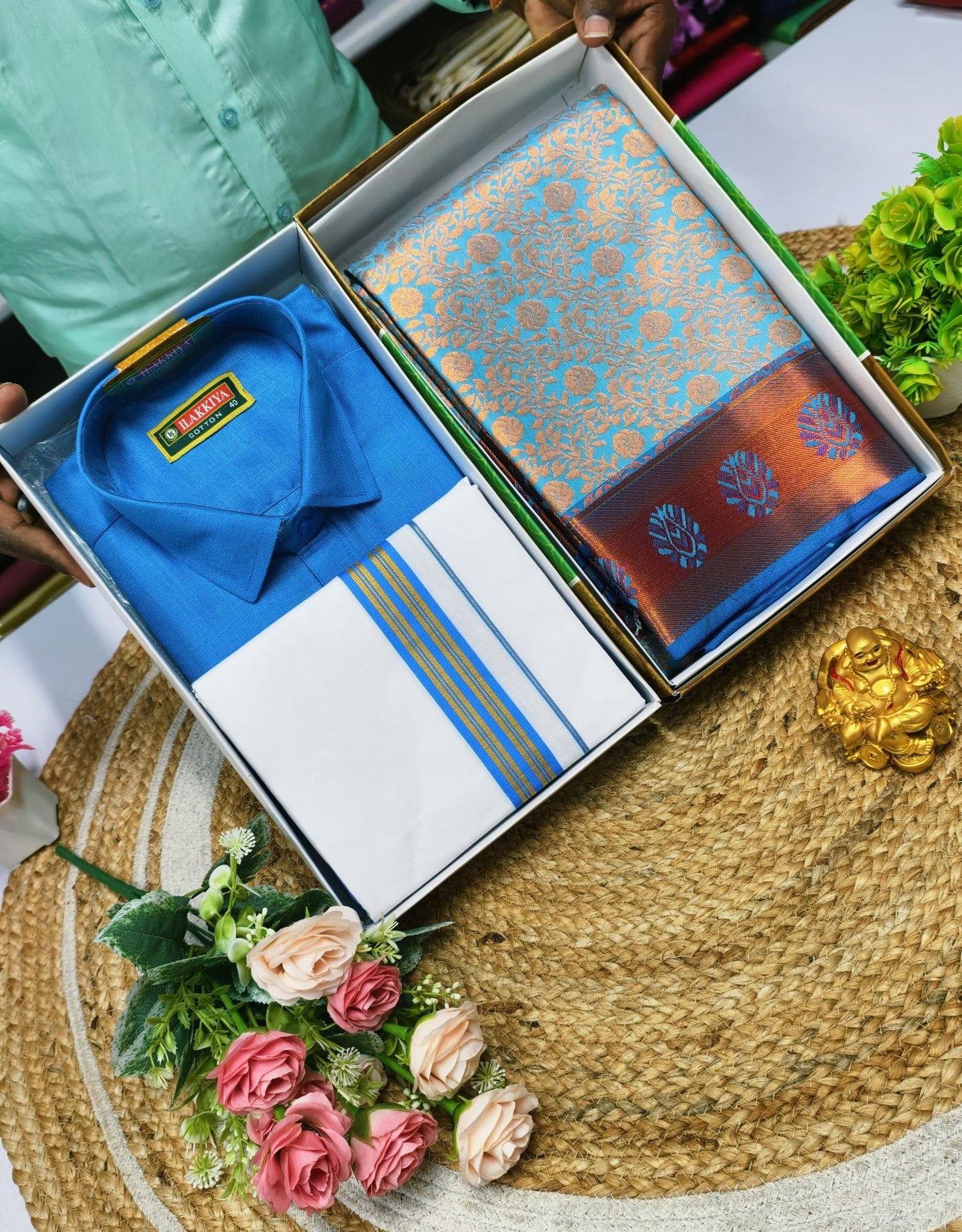 Semi Silk Saree & Cotton Dhoti Shirt - Couple Combo Set