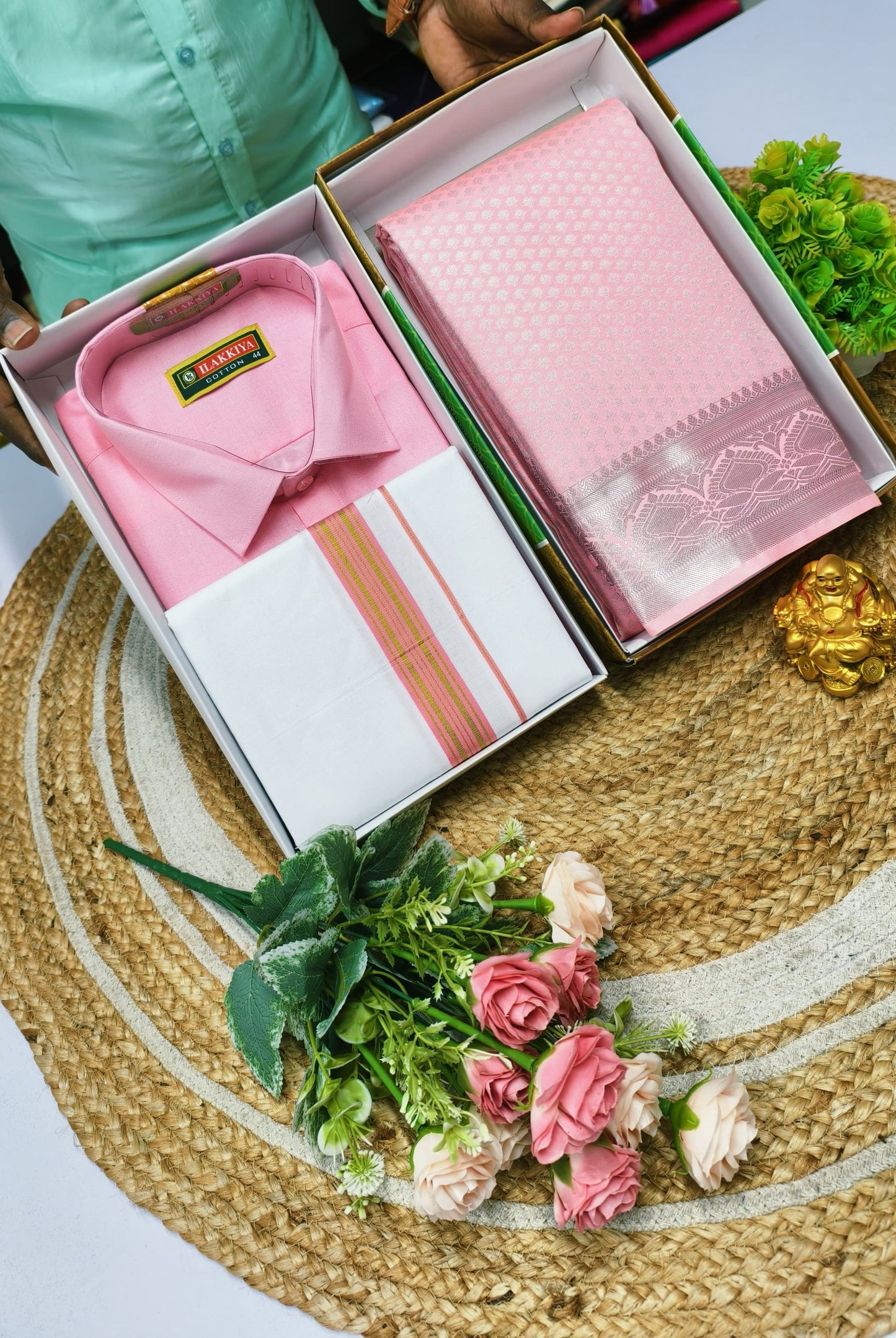 Semi Silk Saree & Cotton Dhoti Shirt - Couple Combo Set