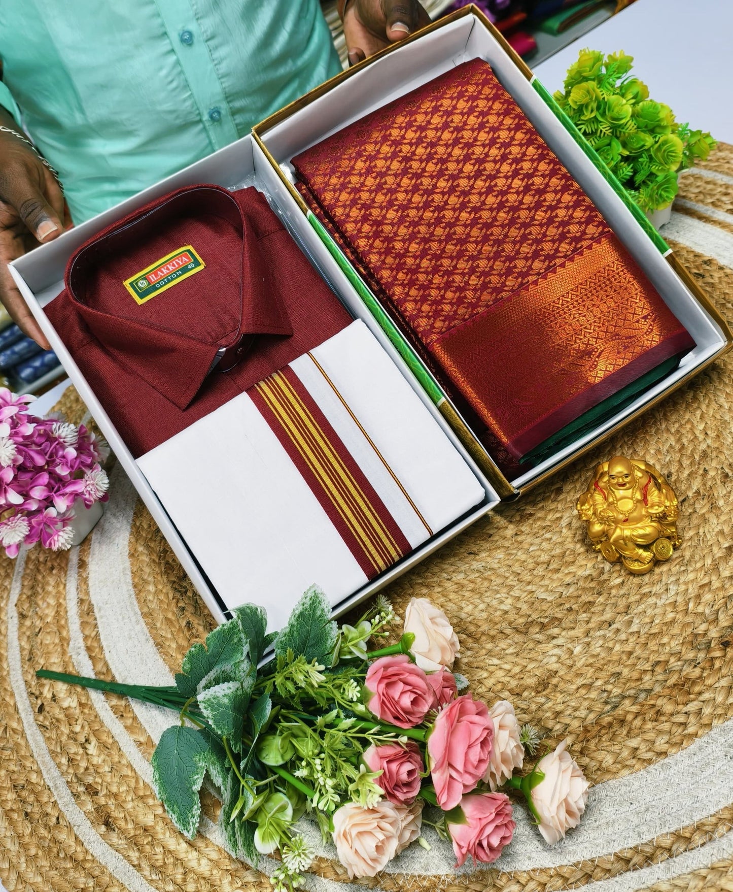 Semi Silk Saree & Cotton Dhoti Shirt - Couple Combo Set