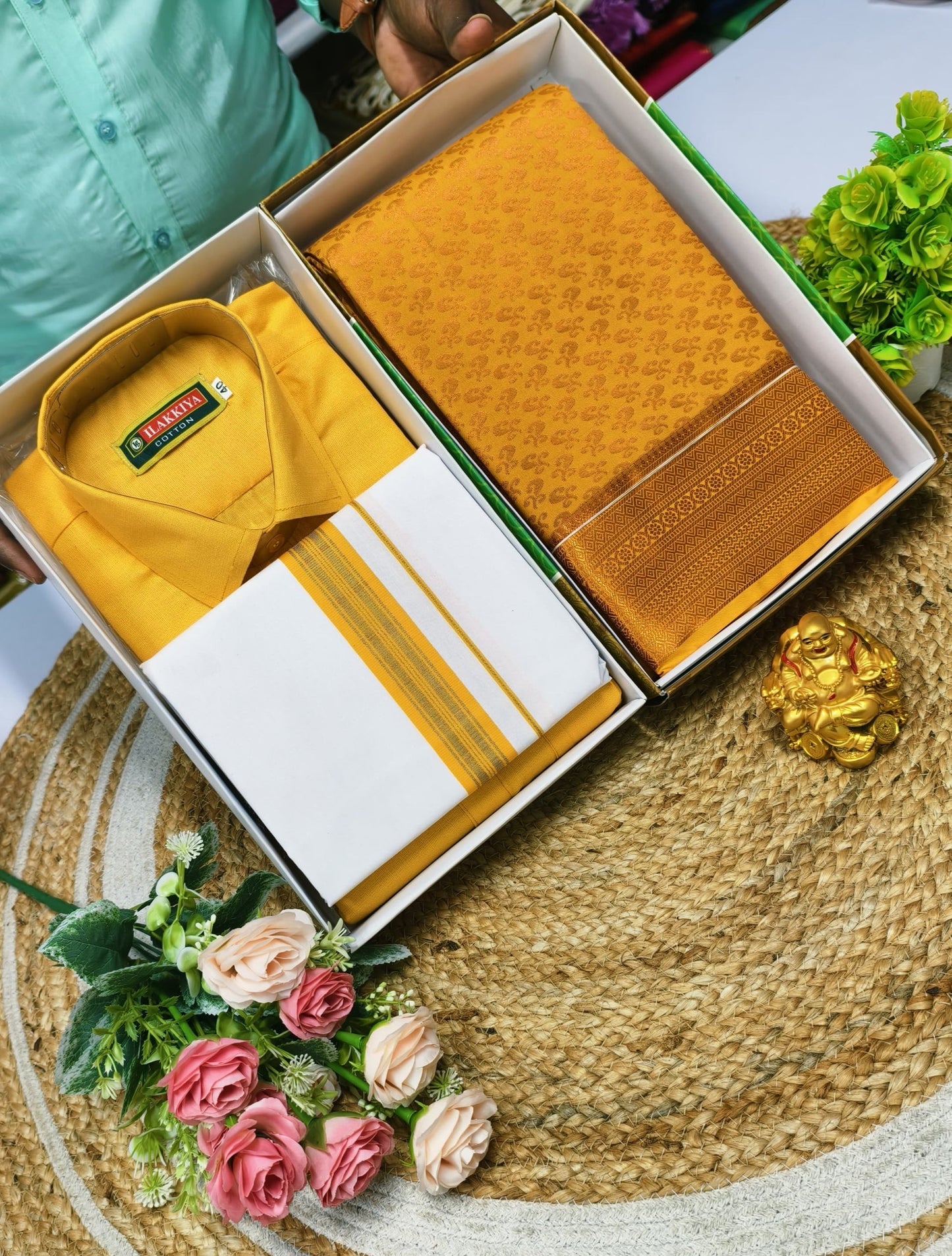 Semi Silk Saree & Cotton Dhoti Shirt - Couple Combo Set