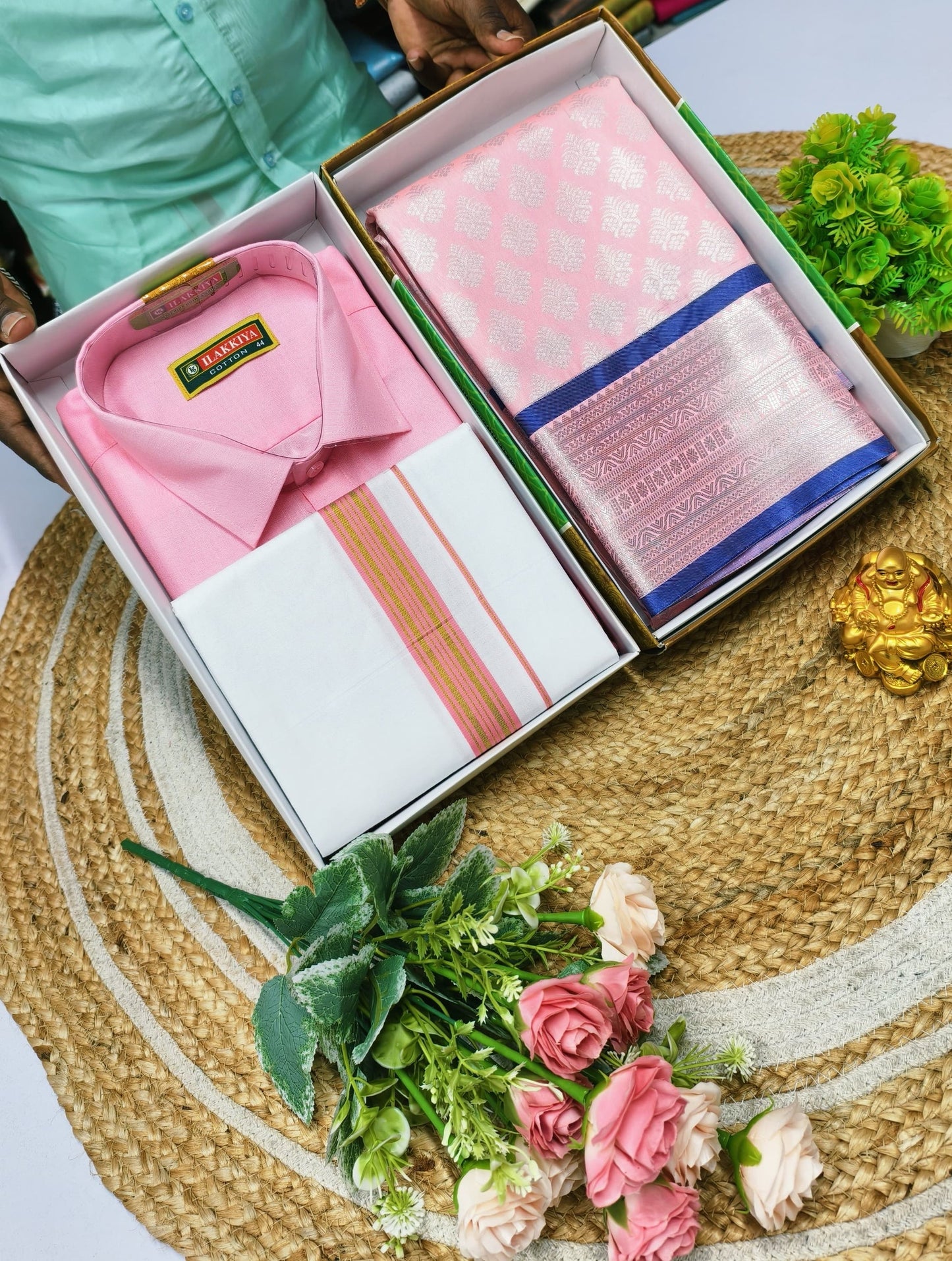 Semi Silk Saree & Cotton Dhoti Shirt - Couple Combo Set