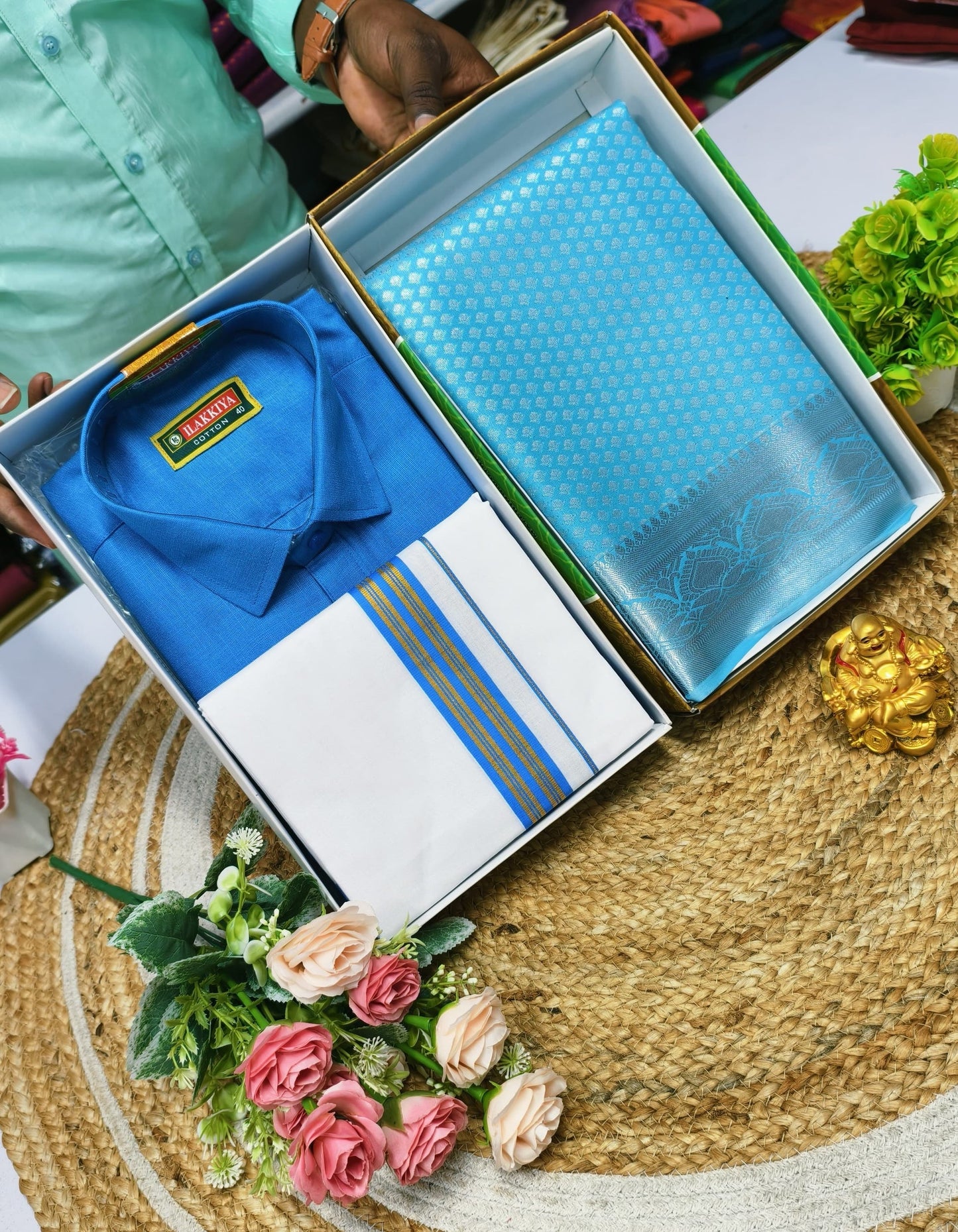 Semi Silk Saree & Cotton Dhoti Shirt - Couple Combo Set