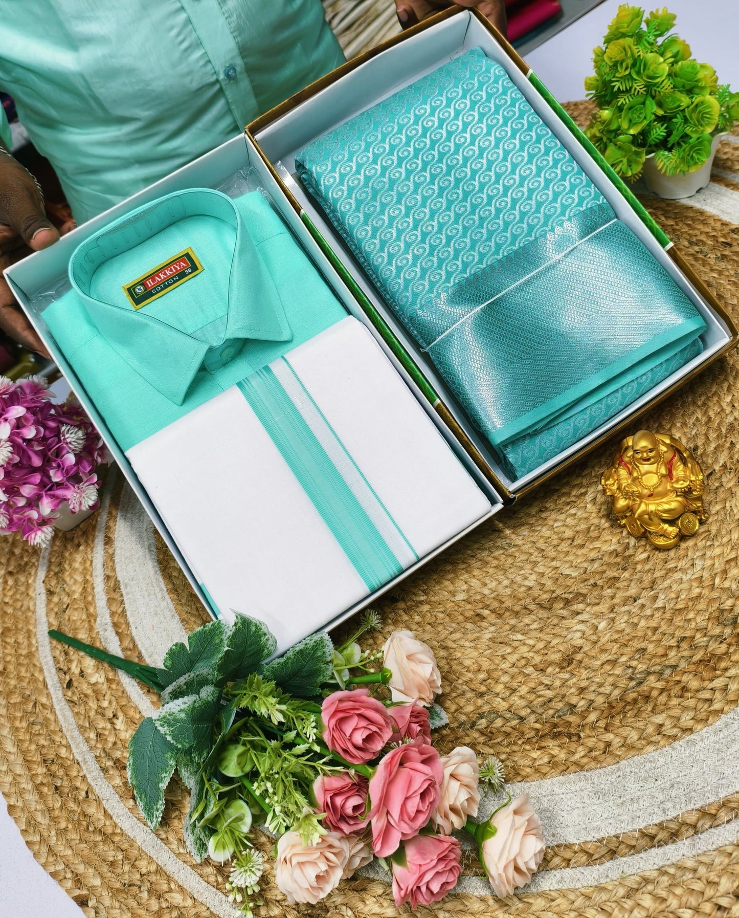 Semi Silk Saree & Cotton Dhoti Shirt - Couple Combo Set
