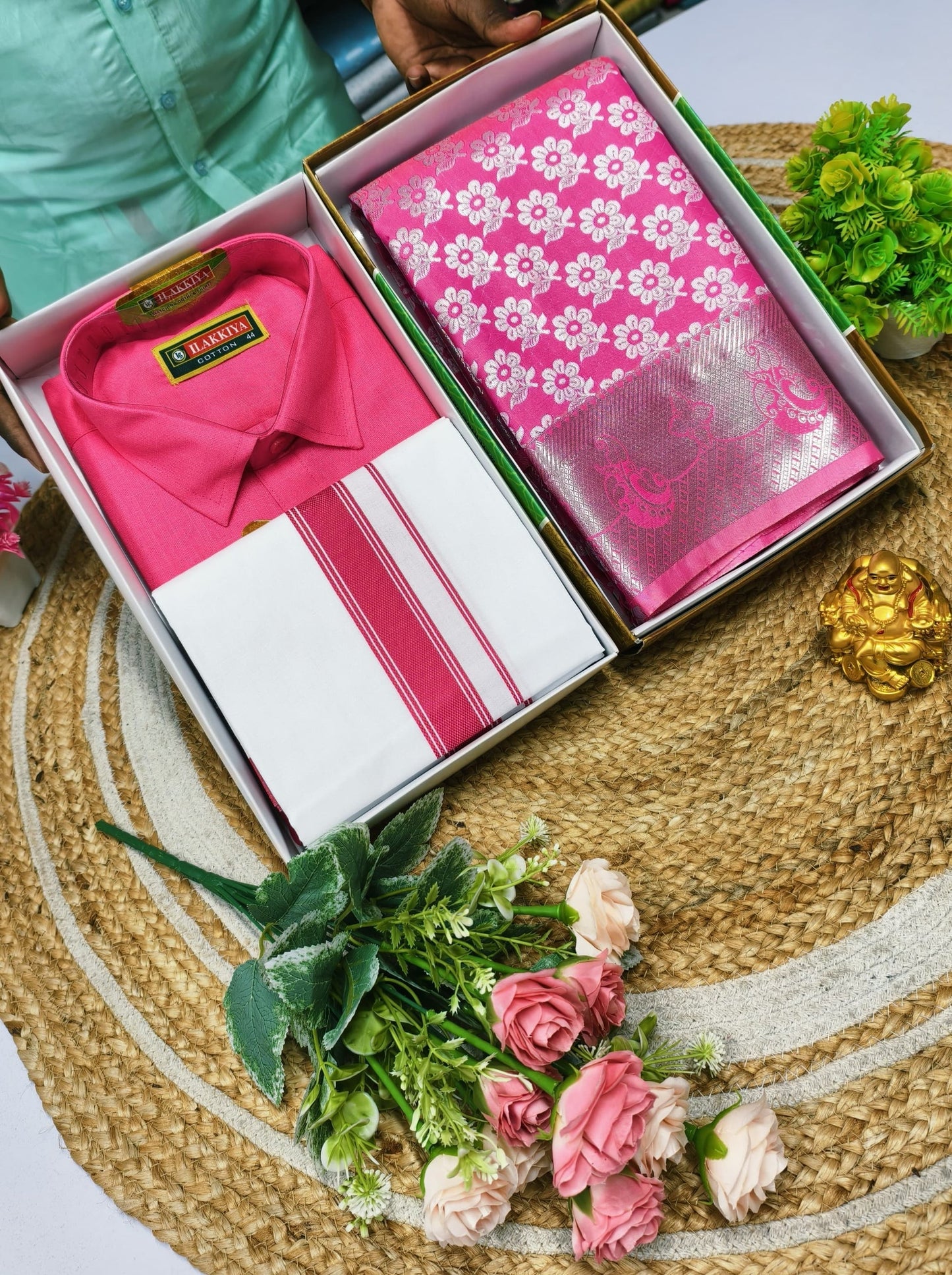 Semi Silk Saree & Cotton Dhoti Shirt - Couple Combo Set