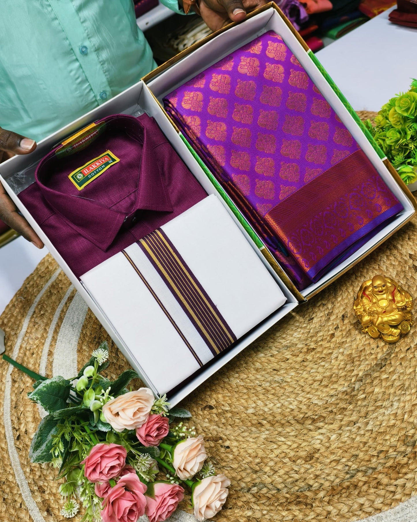 Semi Silk Saree & Cotton Dhoti Shirt - Couple Combo Set