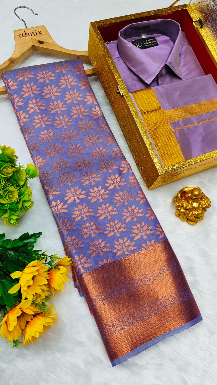Semi Silk Saree & Semi Silk Dhoti Set - Couple Combo