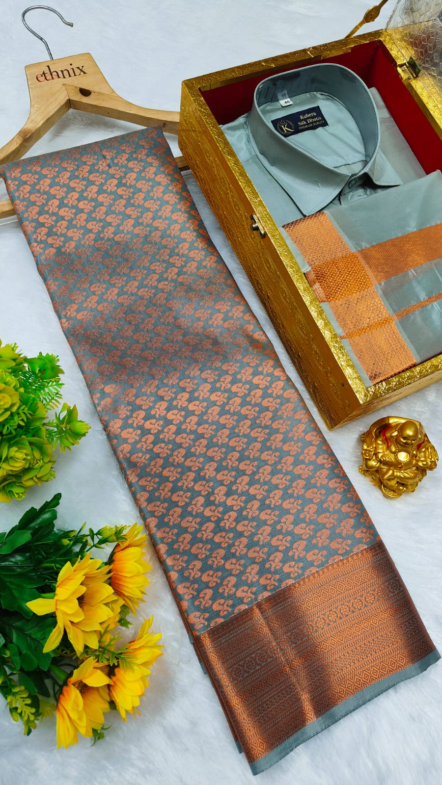 Semi Silk Saree & Semi Silk Dhoti Set - Couple Combo