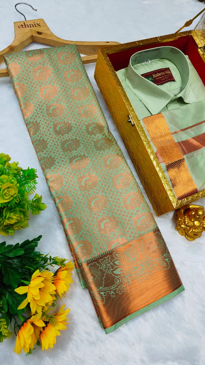 Semi Silk Saree & Semi Silk Dhoti Set - Couple Combo