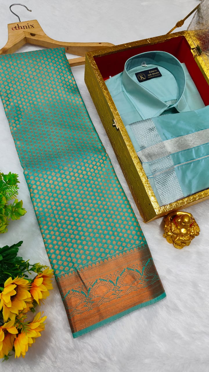 Semi Silk Saree & Semi Silk Dhoti Set - Couple Combo