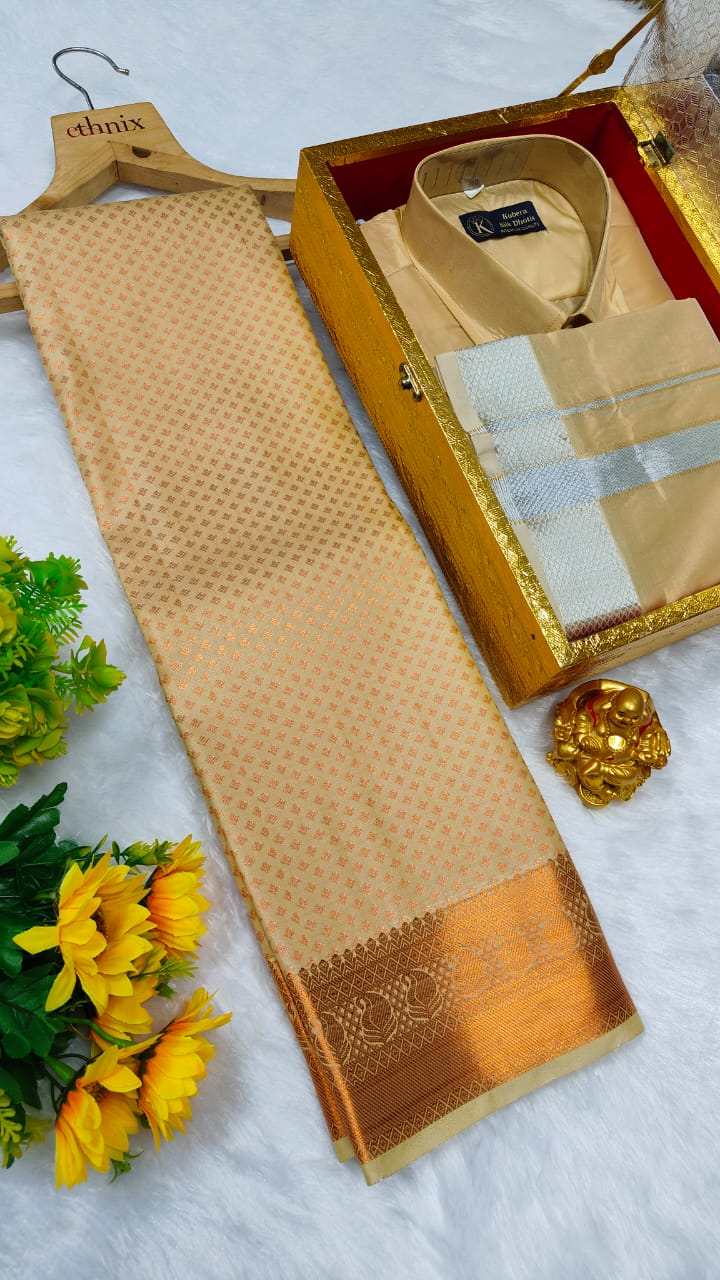 Semi Silk Saree & Semi Silk Dhoti Set - Couple Combo