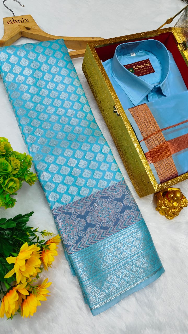 Semi Silk Saree & Semi Silk Dhoti Set - Couple Combo