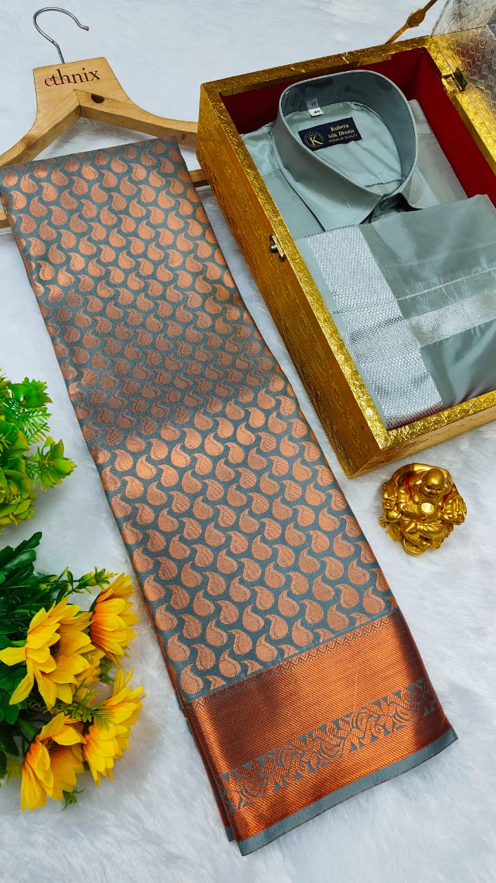 Semi Silk Saree & Semi Silk Dhoti Set - Couple Combo