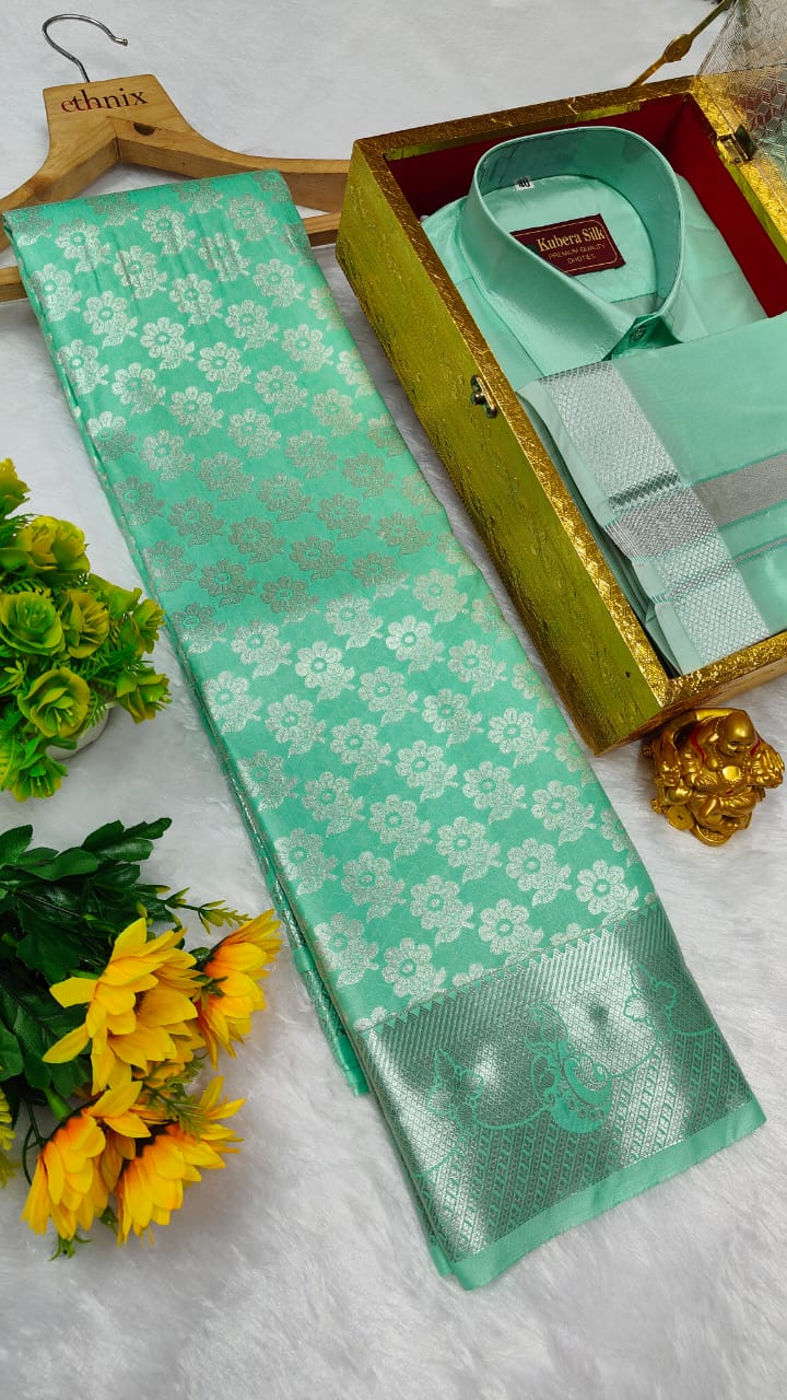 Semi Silk Saree & Semi Silk Dhoti Set - Couple Combo