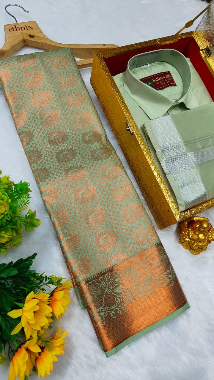 Semi Silk Saree & Semi Silk Dhoti Set - Couple Combo