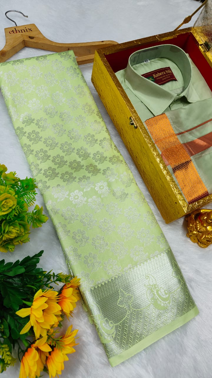 Semi Silk Saree & Semi Silk Dhoti Set - Couple Combo