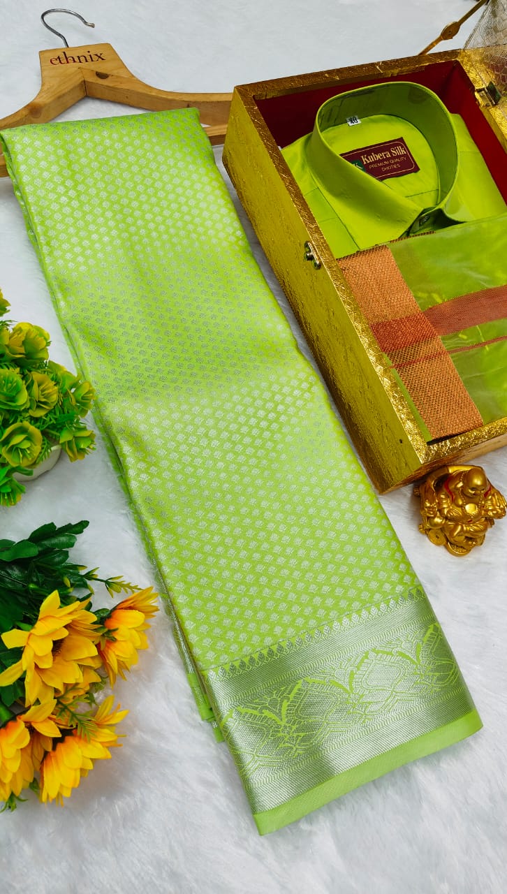 Semi Silk Saree & Semi Silk Dhoti Set - Couple Combo