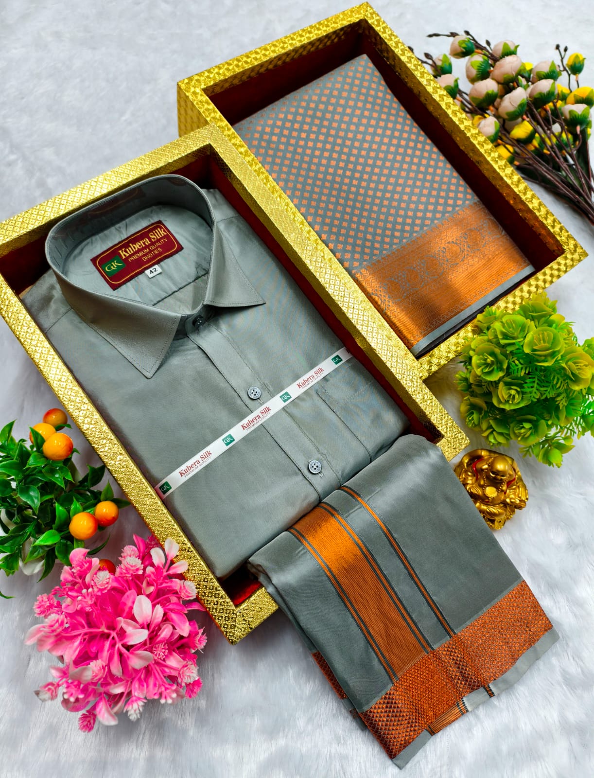 Semi Silk Saree & Semi Silk Dhoti Set - Couple Combo
