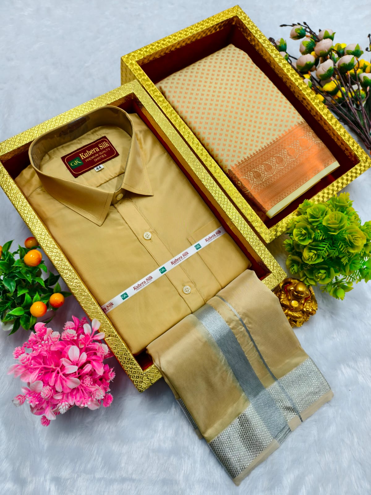 Semi Silk Saree & Semi Silk Dhoti Set - Couple Combo