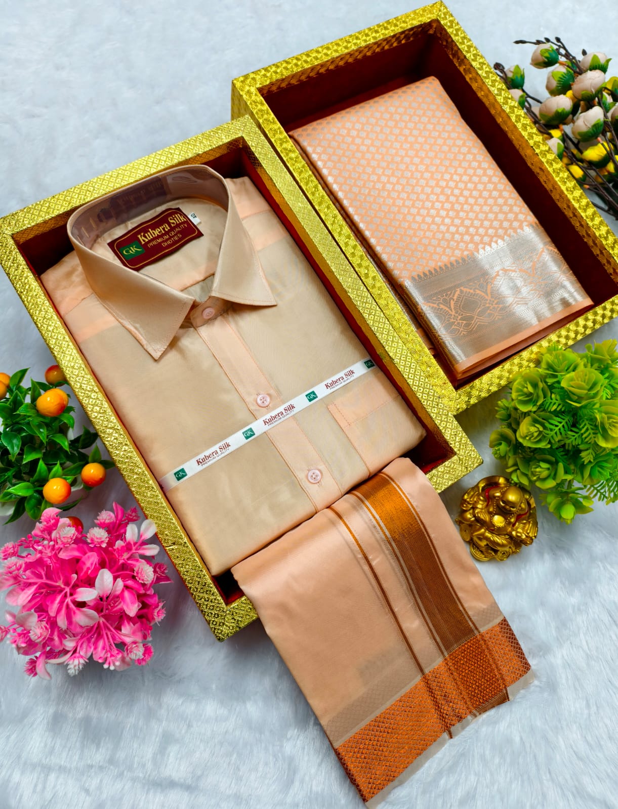 Semi Silk Saree & Semi Silk Dhoti Set - Couple Combo