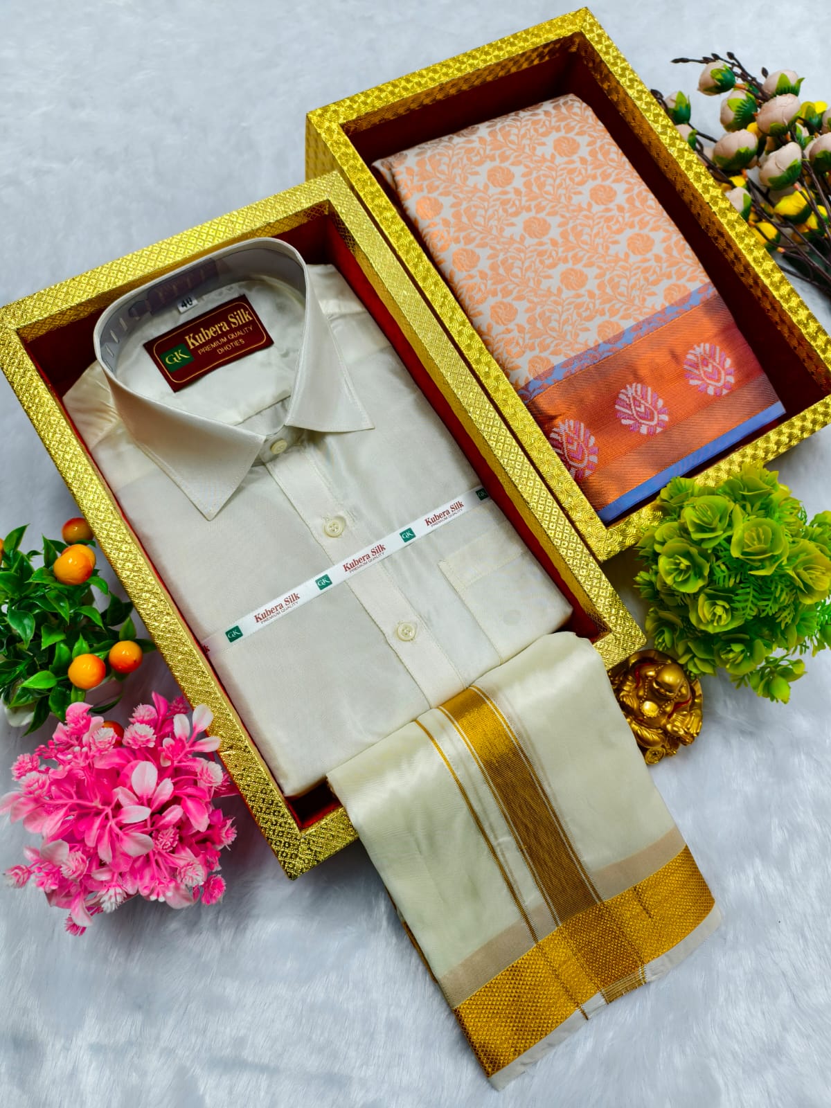 Semi Silk Saree & Semi Silk Dhoti Set - Couple Combo