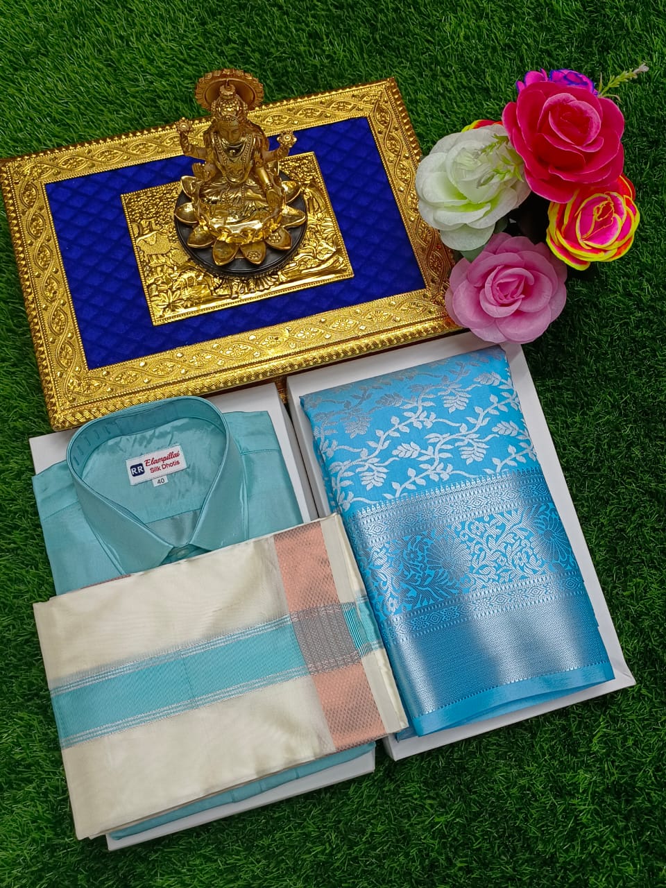 Semi Silk Saree & Semi Silk Dhoti Set - Couple Combo