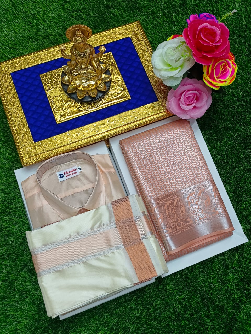 Semi Silk Saree & Semi Silk Dhoti Set - Couple Combo