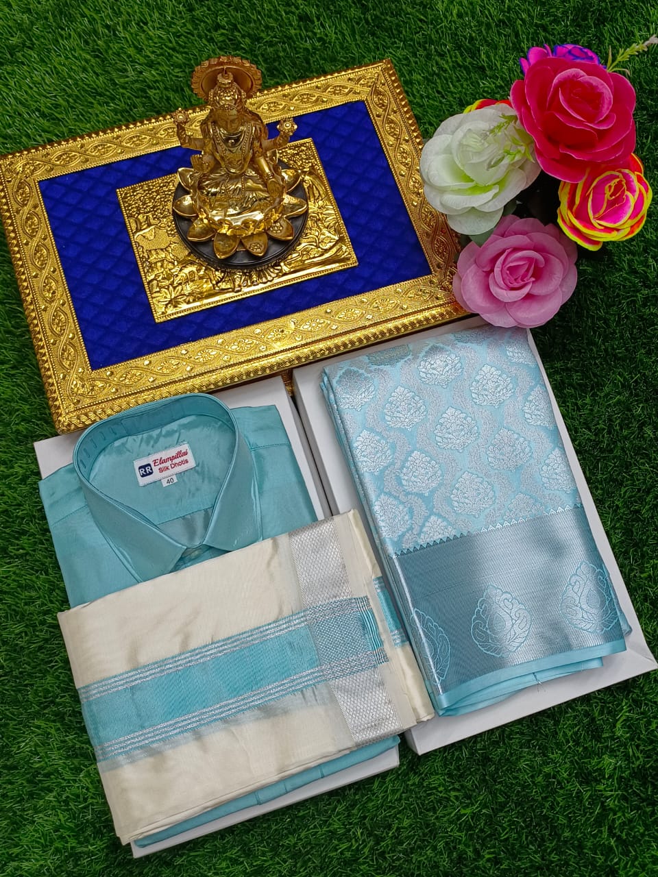 Semi Silk Saree & Semi Silk Dhoti Set - Couple Combo