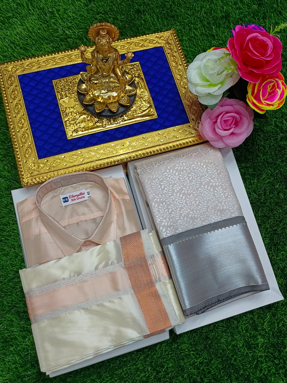 Semi Silk Saree & Semi Silk Dhoti Set - Couple Combo
