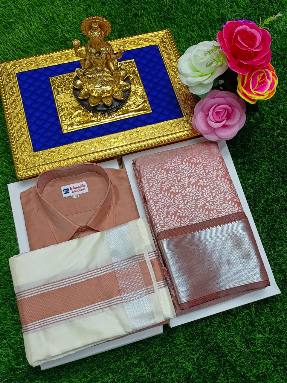 Semi Silk Saree & Semi Silk Dhoti Set - Couple Combo
