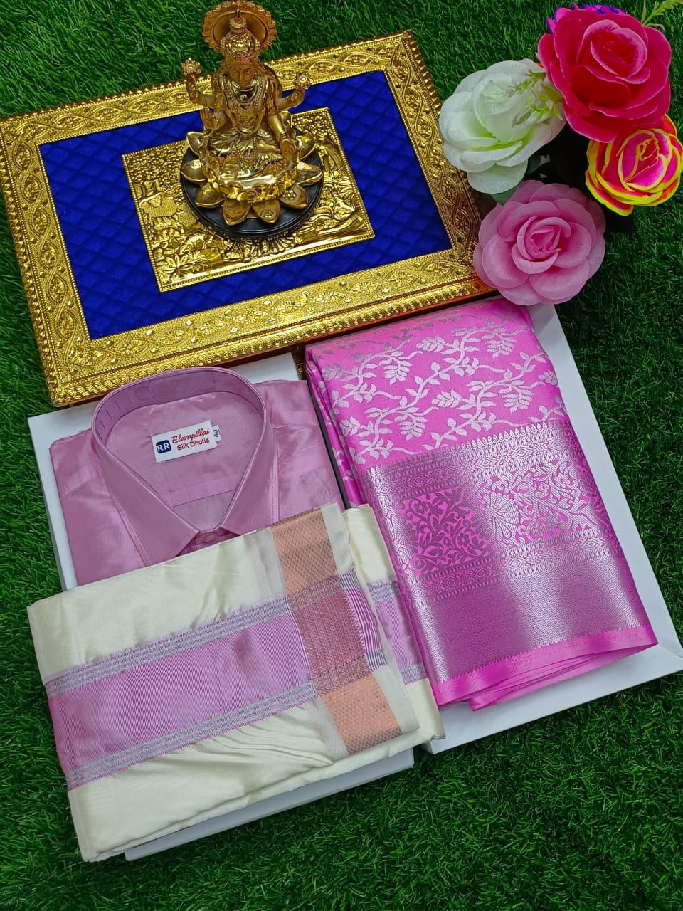 Semi Silk Saree & Semi Silk Dhoti Set - Couple Combo