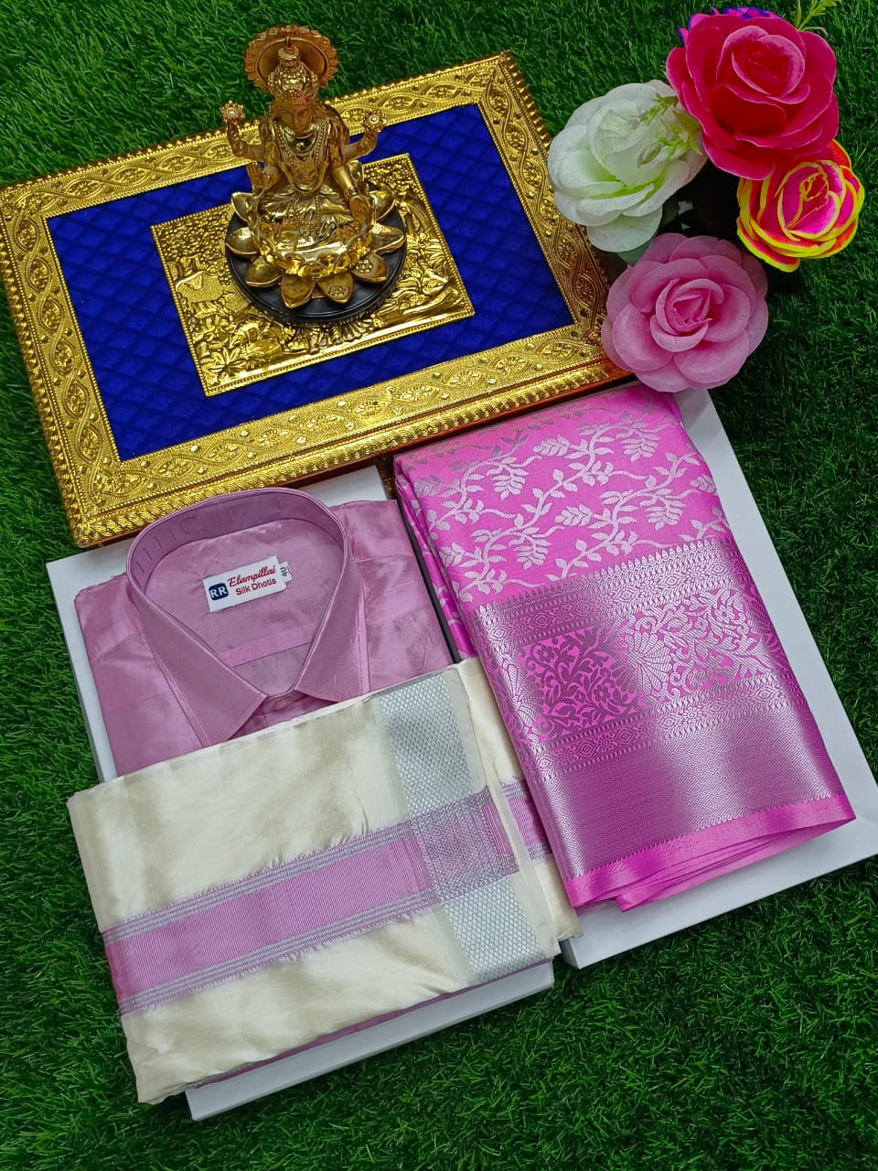 Semi Silk Saree & Semi Silk Dhoti Set - Couple Combo