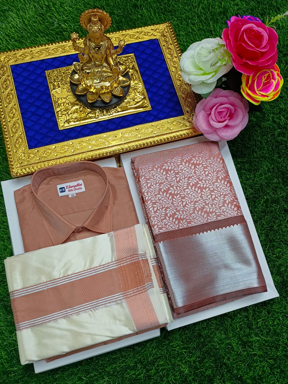 Semi Silk Saree & Semi Silk Dhoti Set - Couple Combo