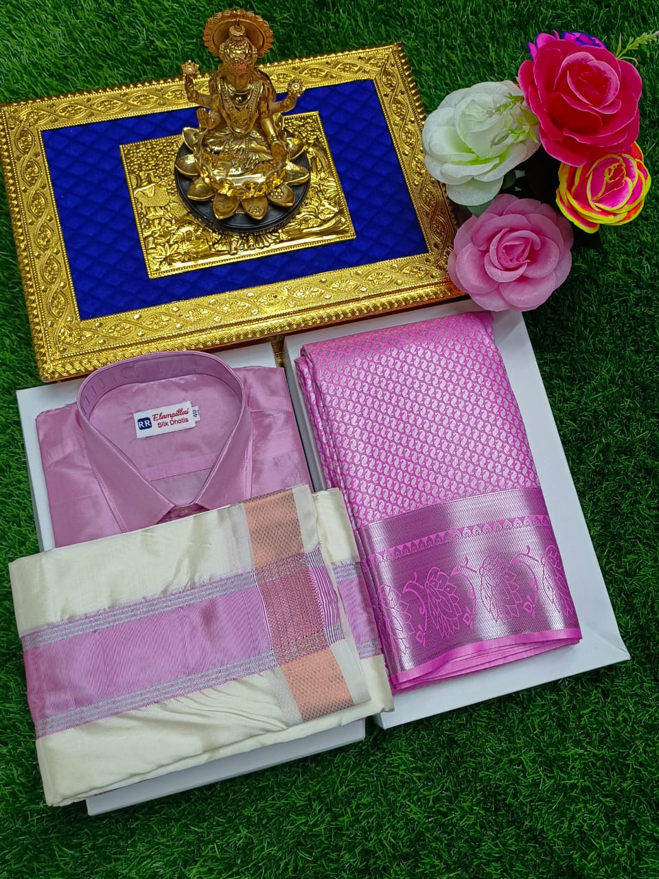 Semi Silk Saree & Semi Silk Dhoti Set - Couple Combo