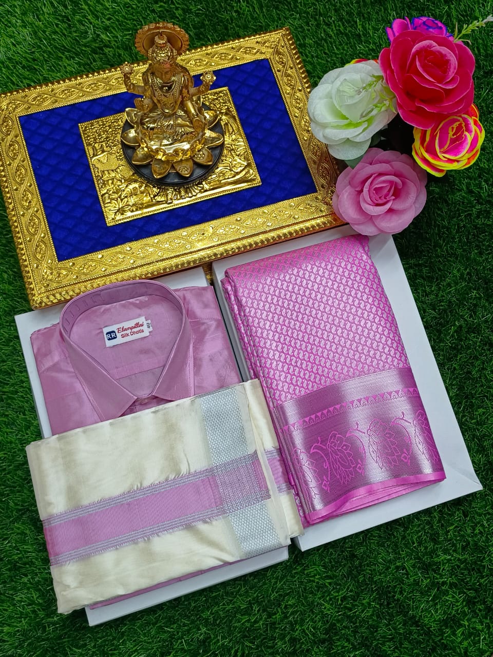 Semi Silk Saree & Semi Silk Dhoti Set - Couple Combo