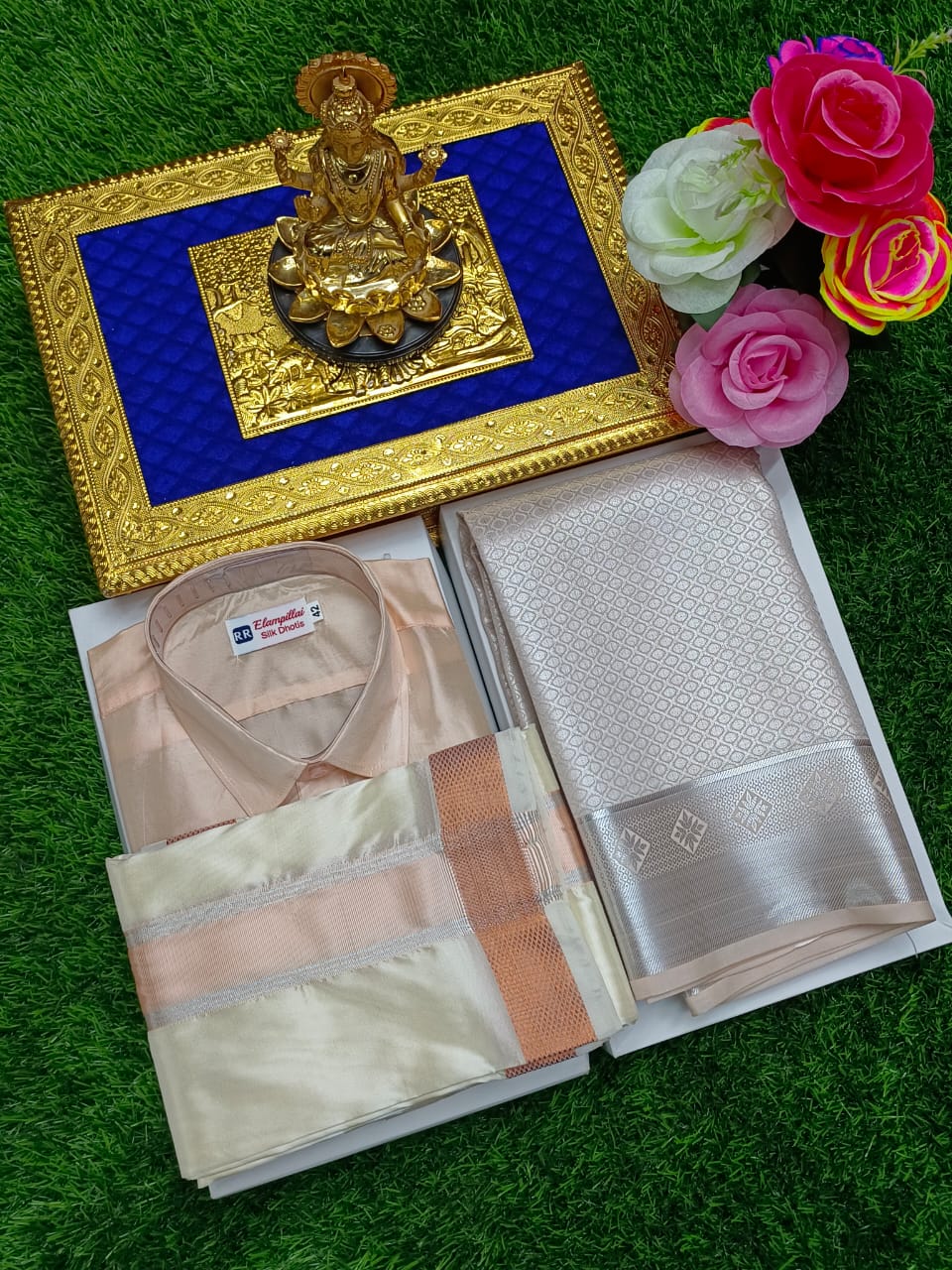 Semi Silk Saree & Semi Silk Dhoti Set - Couple Combo