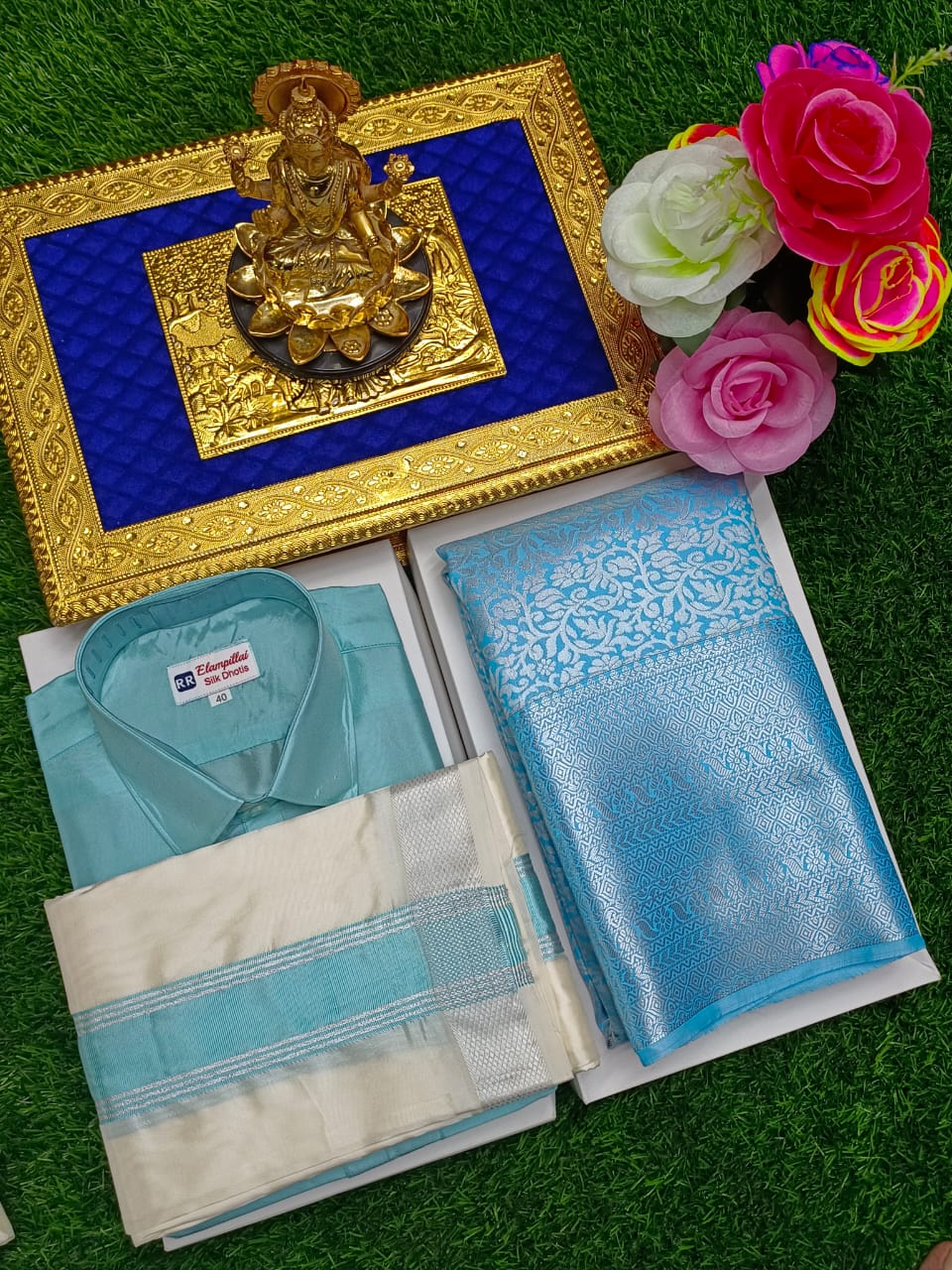 Semi Silk Saree & Semi Silk Dhoti Set - Couple Combo