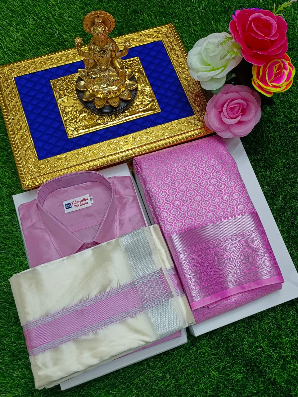 Semi Silk Saree & Semi Silk Dhoti Set - Couple Combo