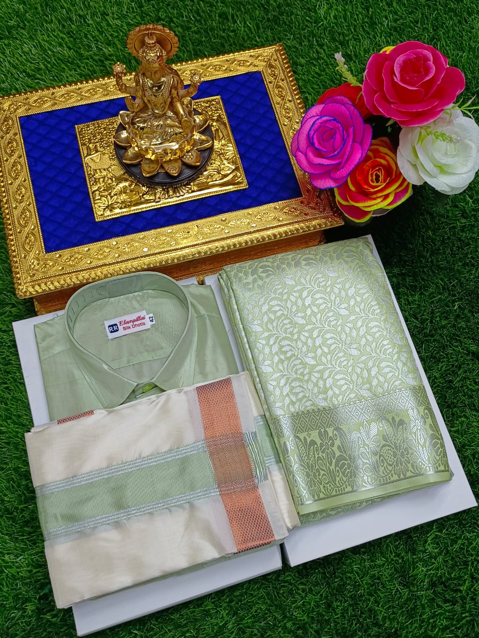 Semi Silk Saree & Semi Silk Dhoti Set - Couple Combo