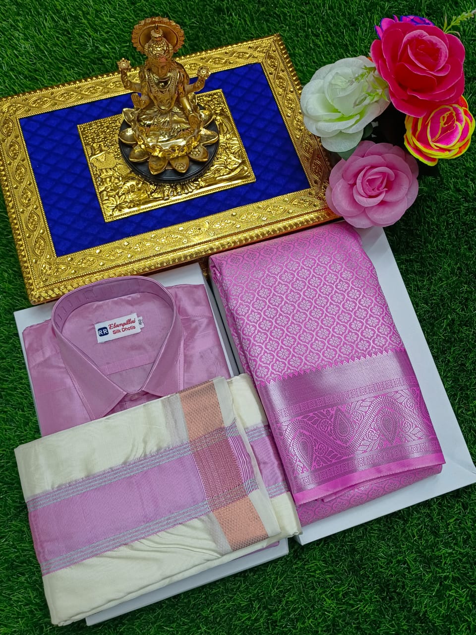 Semi Silk Saree & Semi Silk Dhoti Set - Couple Combo