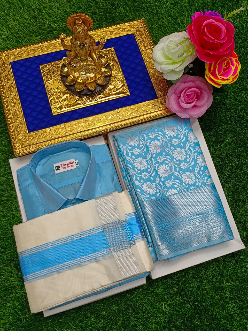 Semi Silk Saree & Semi Silk Dhoti Set - Couple Combo