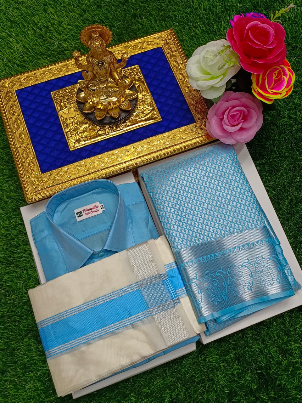 Semi Silk Saree & Semi Silk Dhoti Set - Couple Combo